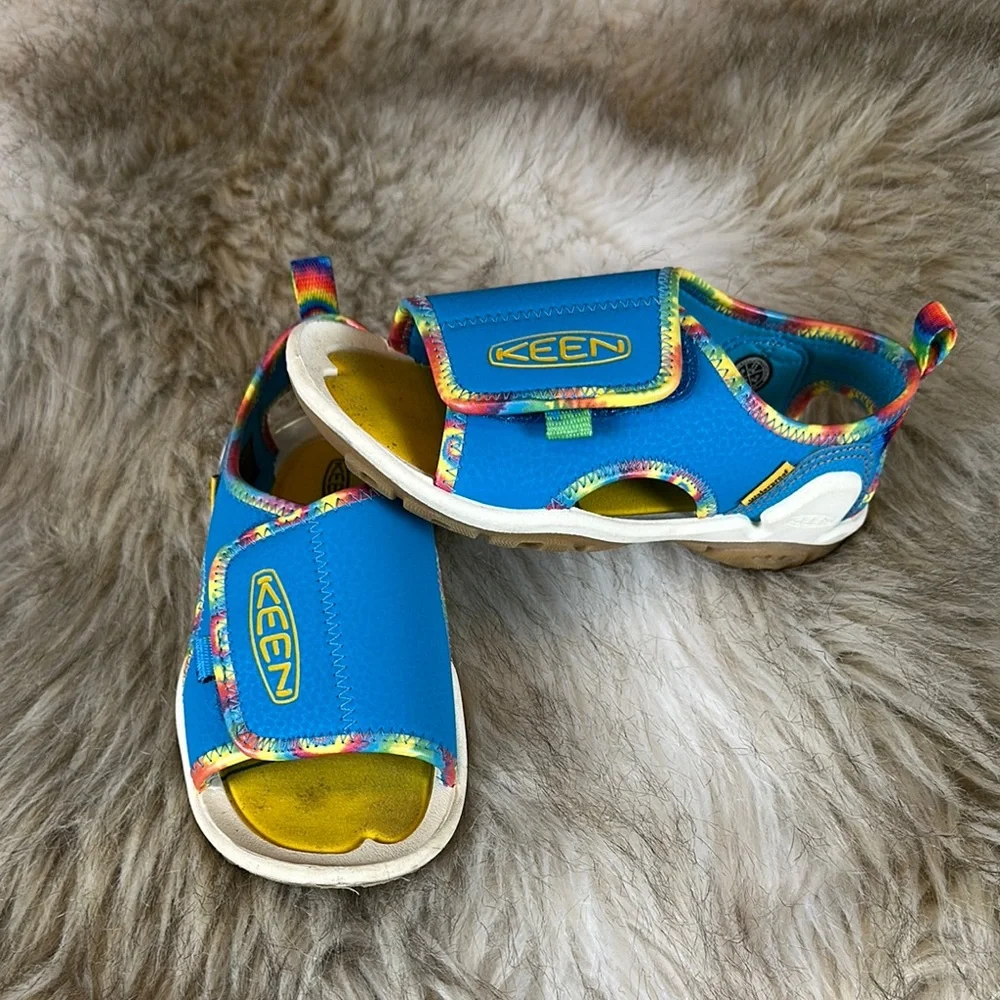 Size 11, KEEN Kids Blue Sandals with Rainbow Accents